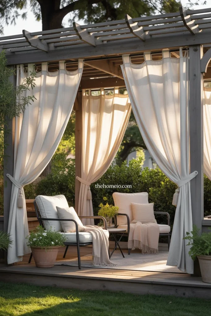 Outdoor pergola with tie-back curtains pulled aside, lounge chairs with throws, green foliage, warm daylight, relaxed and welcoming backyard setup, Pinterest-friendly, realistic