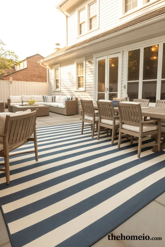 backyard patio showing correct outdoor rug furniture placement with dining rug extending past table and lounge chairs on rug