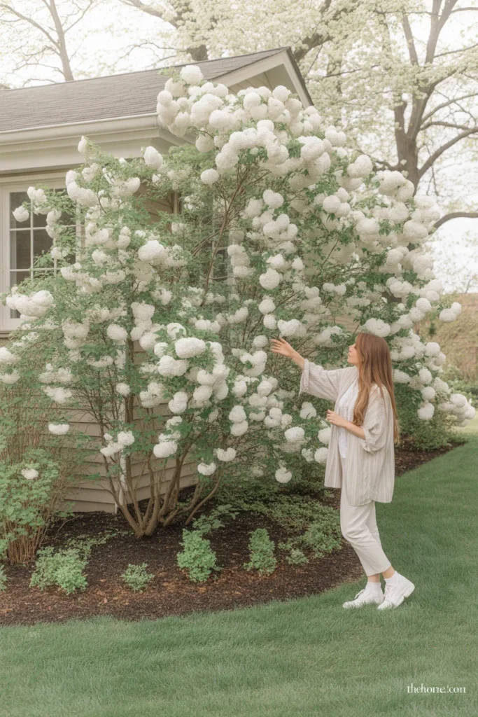 Snowball Viburnum in full white bloom planted at front of house in full sun