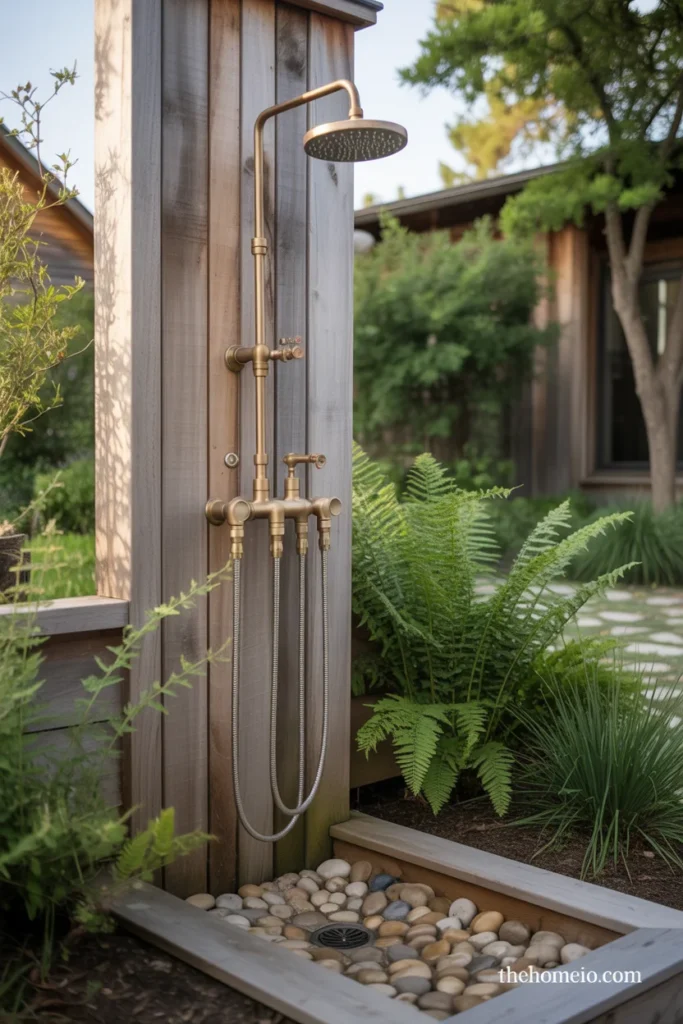 outdoor shower with exposed PEX supply lines brass thermostatic mixing valve rain shower head and river pebble floor