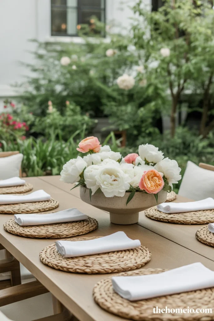outdoor patio table with low ceramic vase holding fresh white and coral flowers under twelve inches tall with linen napkins