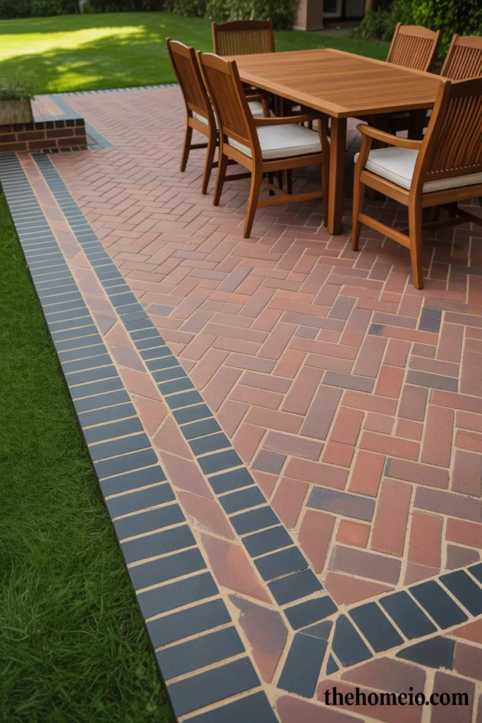 Classic backyard patio with herringbone brick pavers and two-brick-wide contrasting charcoal gray border around full perimeter