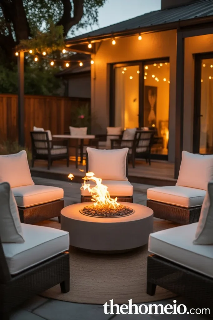 backyard patio at evening centered around round concrete fire pit with glowing flames four outdoor chairs and string lights overhead