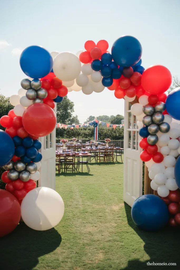 American backyard party with large organic balloon arch in red white and blue with pearl white navy and metallic silver balloons framing gate entrance