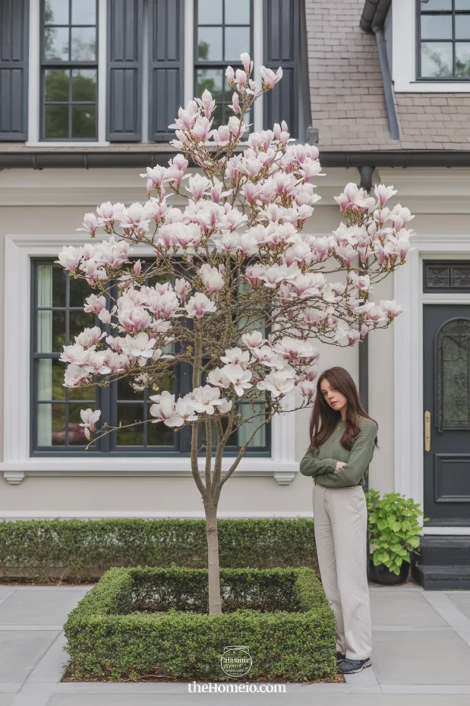 Front yard with a compact Jane magnolia in a neat foundation bed
