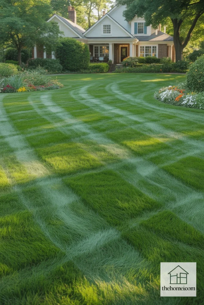 Thick green healthy front lawn with clean mowing lines and neat garden bed borders