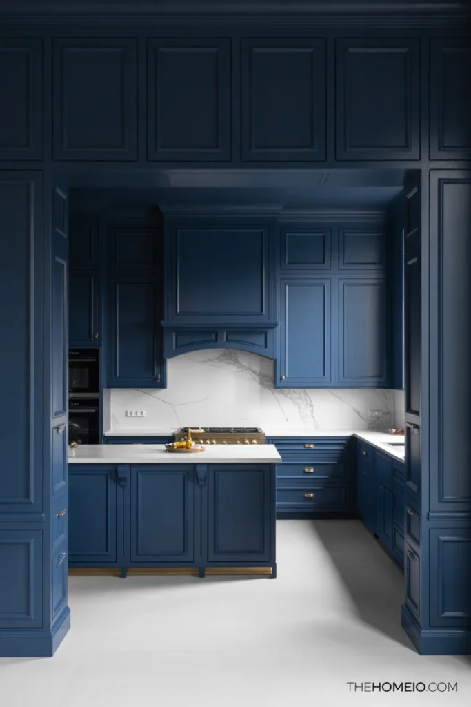 Kitchen with navy blue cabinets, marble-look counters, and brass hardware