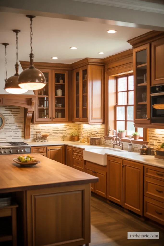 Cozy rustic kitchen with vintage pendant lighting over the island