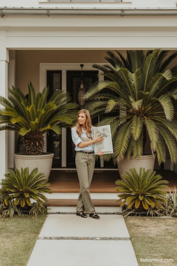 Front porch styled with large container palms for a tropical entry look