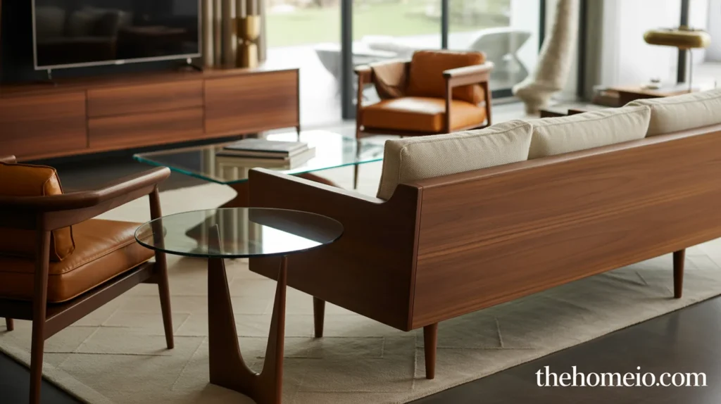 Mid century modern living room mixing walnut wood, metal, glass, and leather