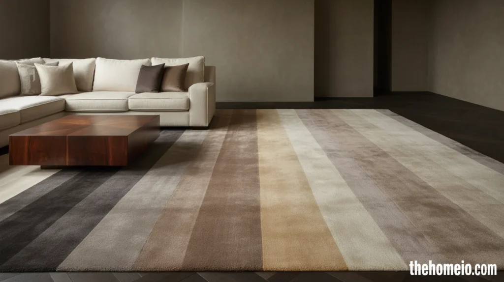 Moody neutral living room with a rug blending charcoal, taupe, beige, and ivory