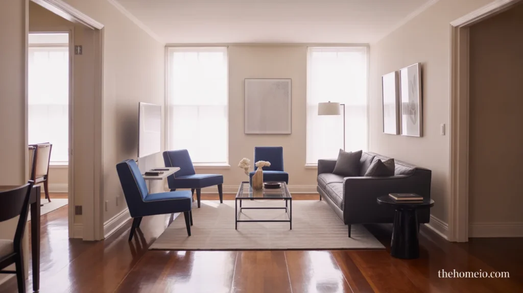 Small living room with clear walkways and an open mid-century layout