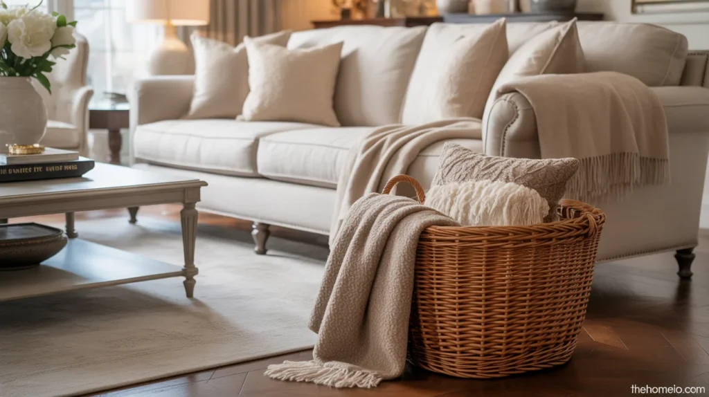 Cozy living room with throw blankets on the sofa and in a basket
