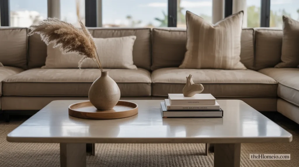 Modern contemporary living room with edited decor, books, tray, and simple styling