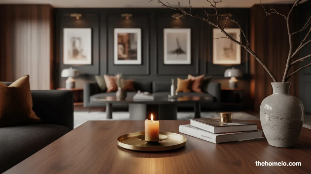 Moody living room with edited decor, books, art, candle, and warm wood accents