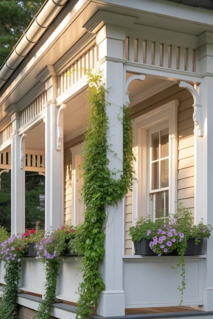Styled American home front porch columns with board and batten cladding climbing vine and window boxes