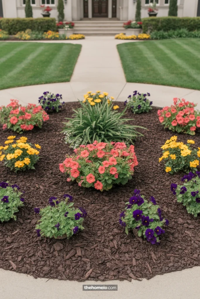 Front yard flower bed with dark mulch and bright flowers for strong contrast