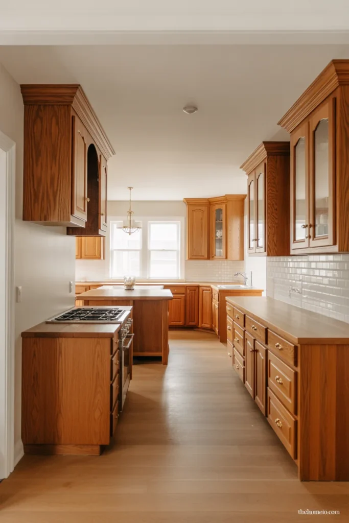 Natural oak kitchen cabinets with butcher block and a warm full-room layout