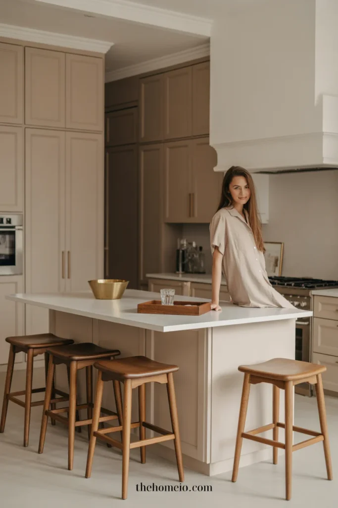 Kitchen island decor matched with brass, wood, and white stone kitchen finishes