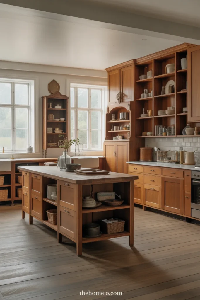 Modern farmhouse kitchen with freestanding hutch and collected unfitted style