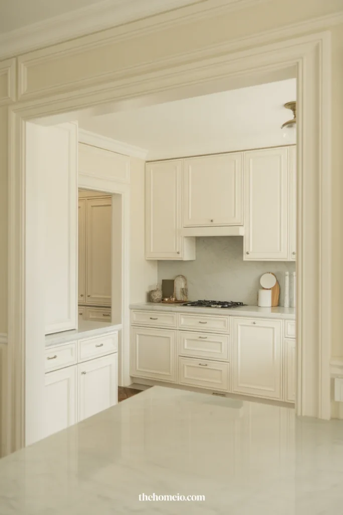 Tone-on-tone white kitchen with soft white cabinets, walls, and pale stone surfaces