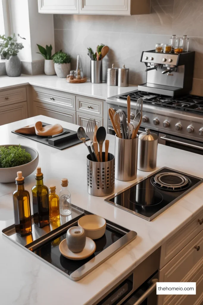 Kitchen counters organized into grouped zones for cooking items and decor