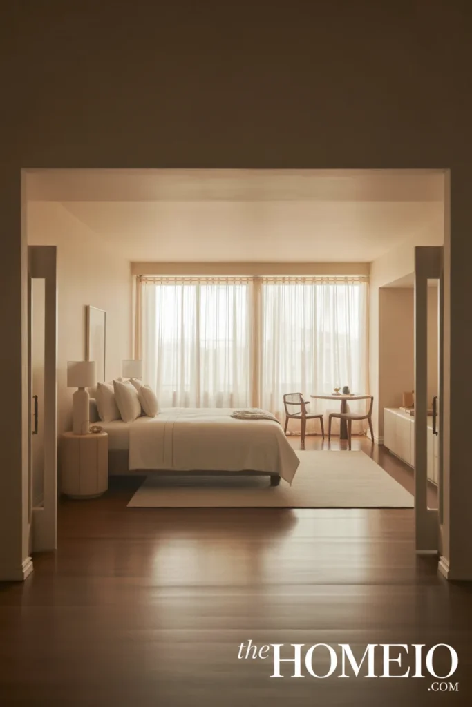 Small bedroom with light airy curtains that keep the room bright