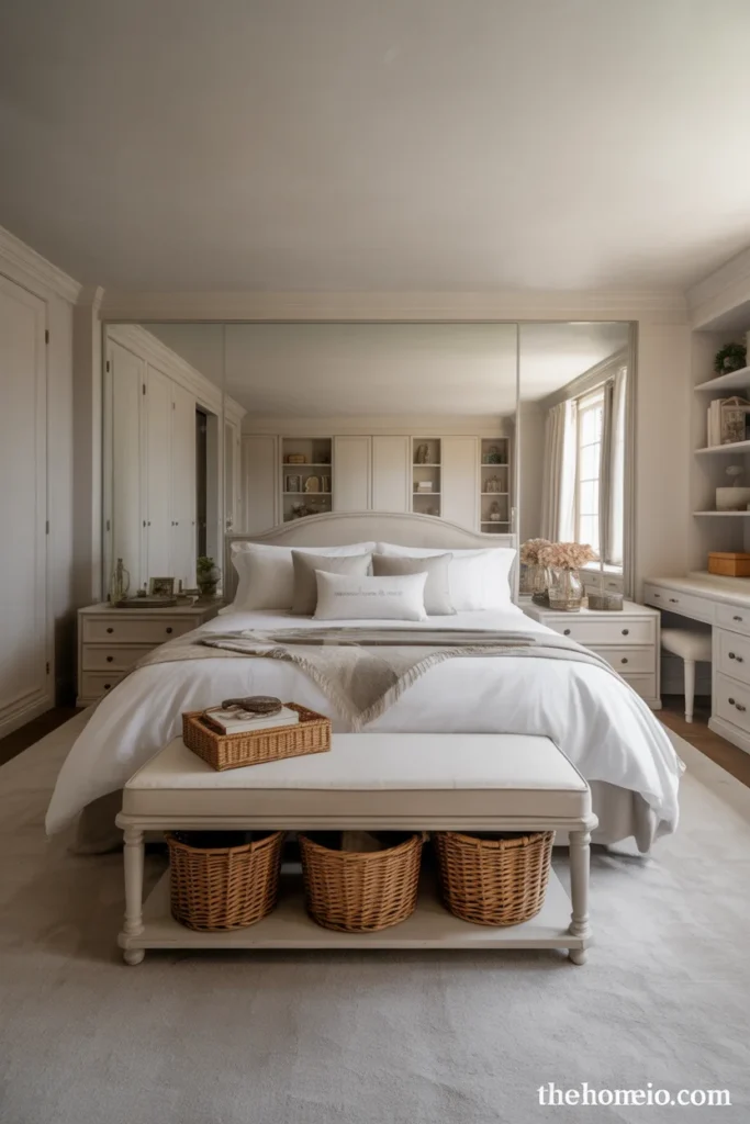 Bedroom makeover with a storage bench, baskets, and an organized layout