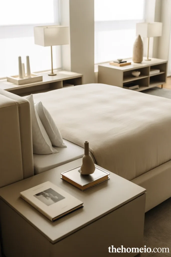 White bedroom with simple nightstand styling using lamps, books, and a tray