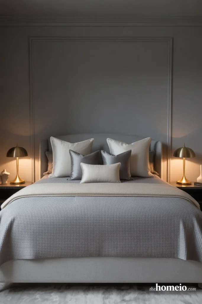 Grey bedroom with brass bedside lighting and layered neutral bedding