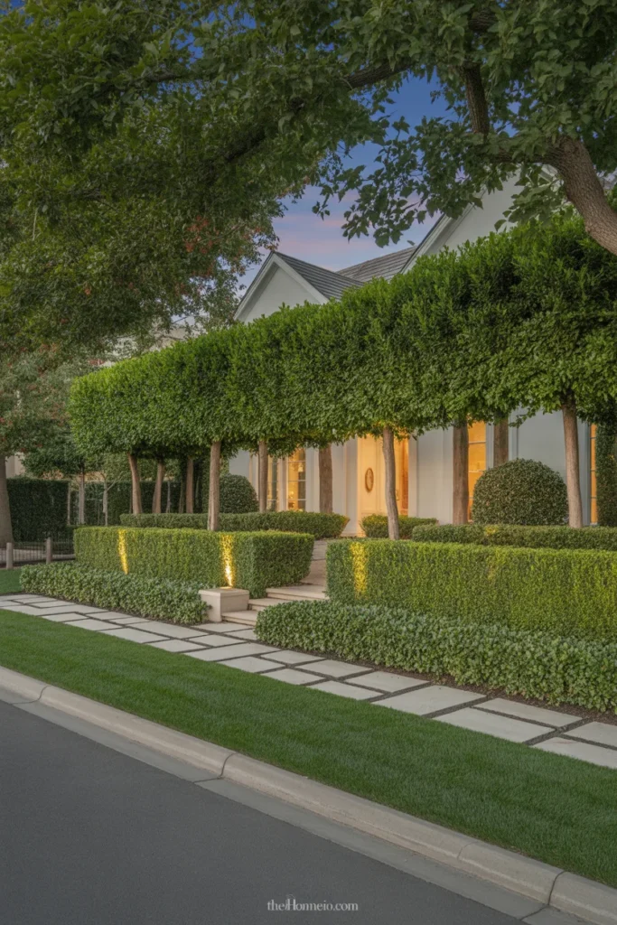 Front yard with a living hedge fence used as a soft green boundary