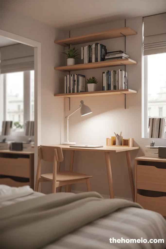 Teen bedroom study zone with wood desk comfortable chair desk lamp and organized floating shelves above