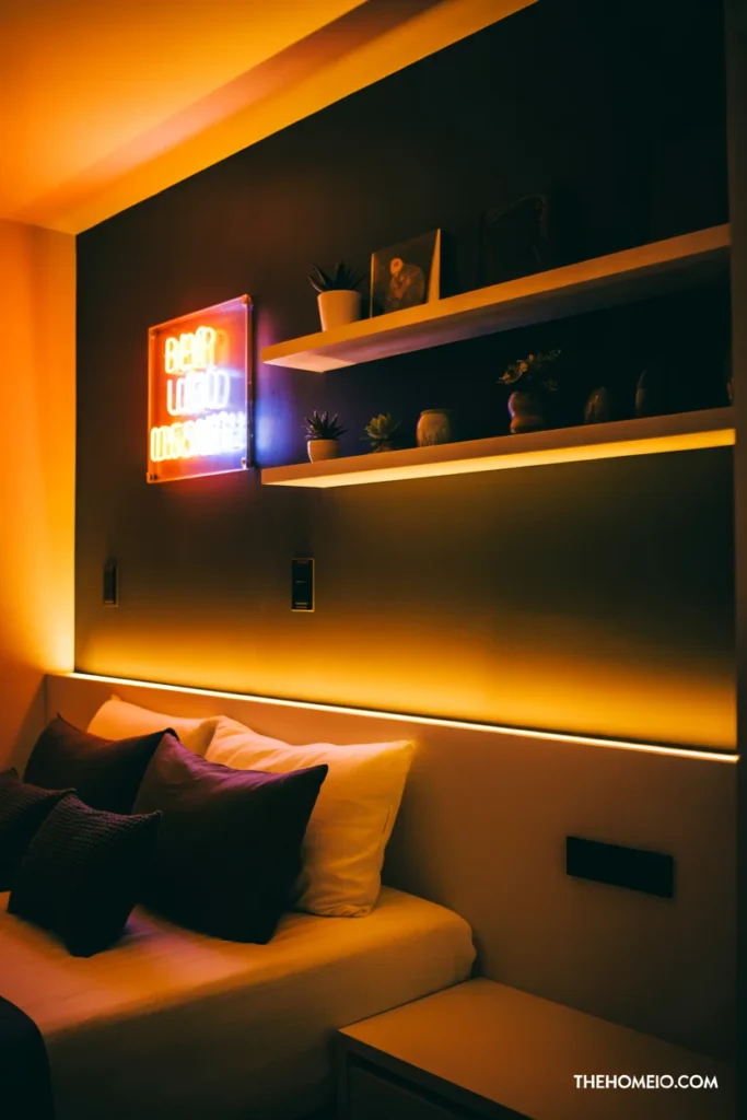 Black accent wall bedroom with LED strip lighting behind headboard neon sign art and backlit floating shelves