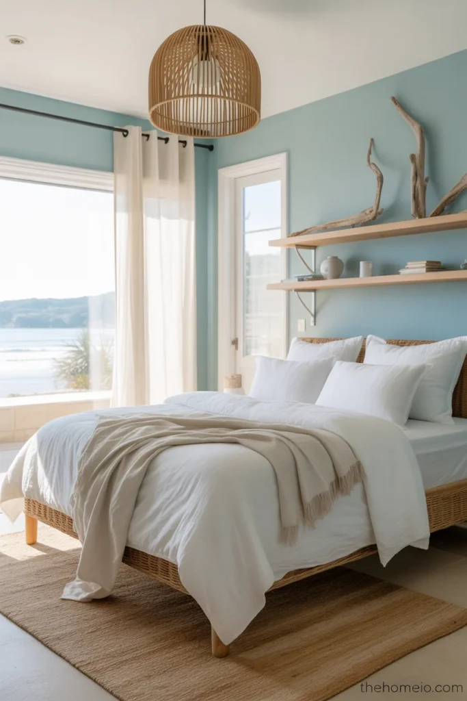 Relaxed coastal bedroom with soft aqua blue walls white linen bedding jute rug rattan light and driftwood accents