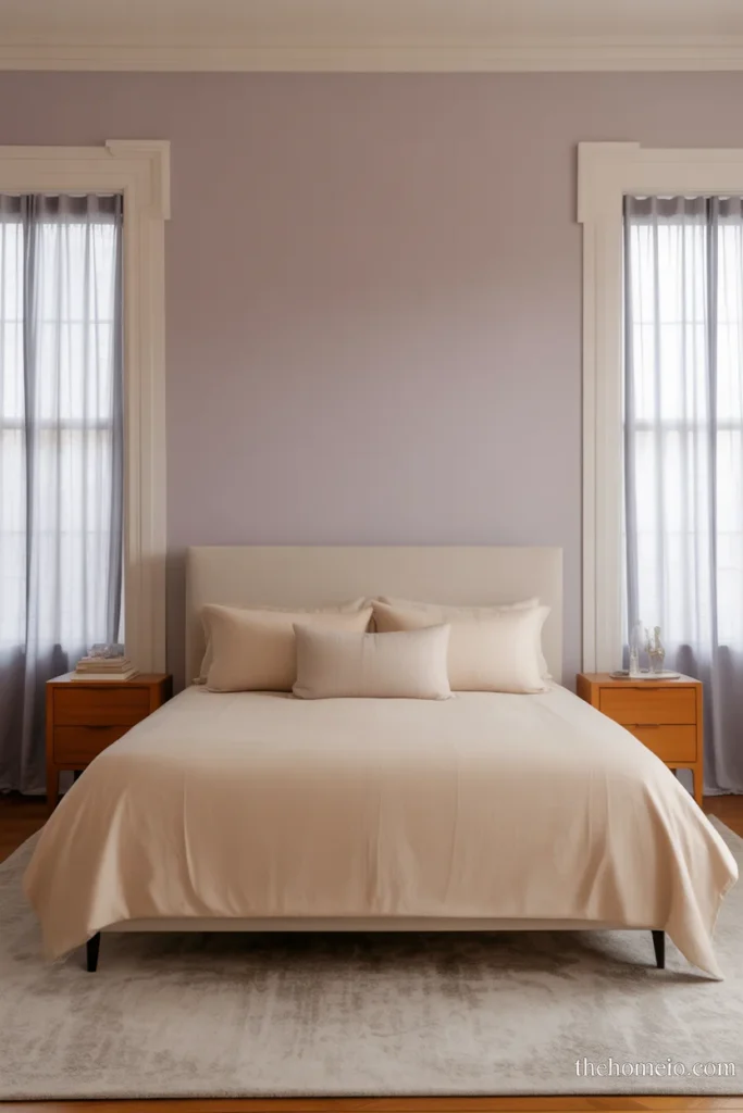 Calm bedroom with soft muted lavender walls cream bedding upholstered bed wood nightstands and sheer curtains