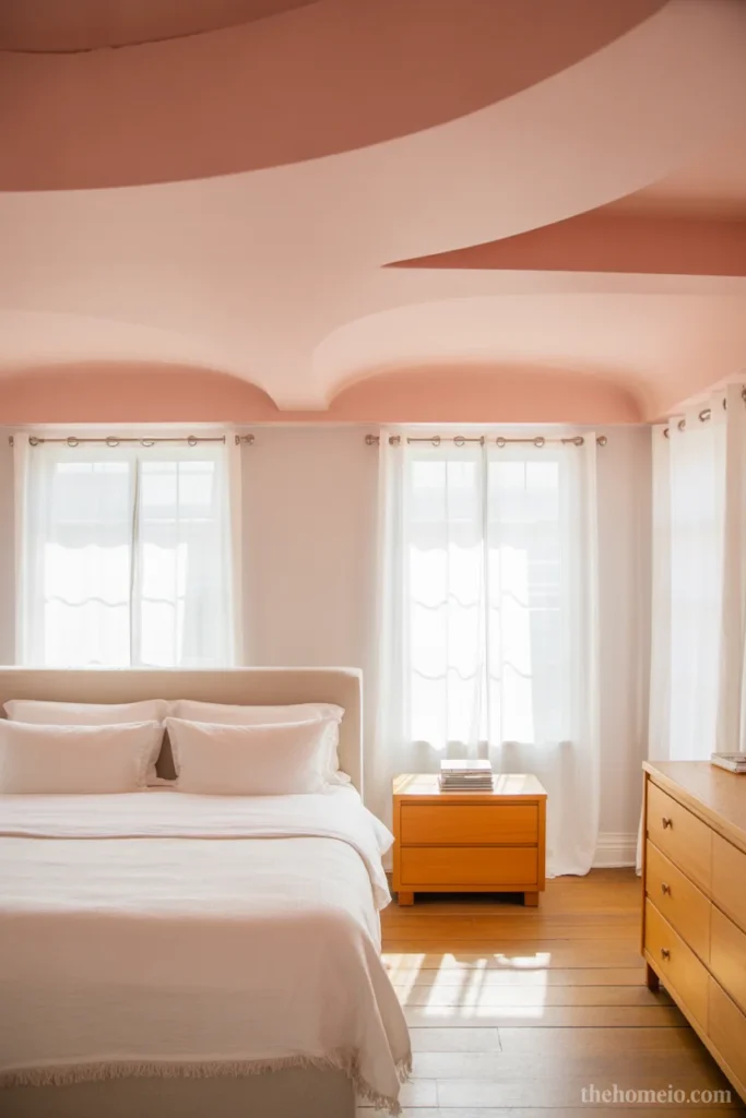 Bedroom with soft blush pink ceiling white walls white bedding and natural wood furniture warm canopy effect