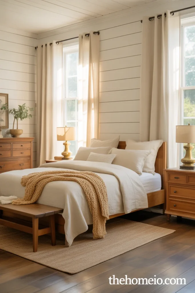 Fully neutral farmhouse bedroom with warm white walls cream linen bedding oatmeal throw wood furniture and jute rug