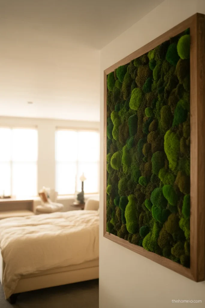 Creative bedroom with large preserved green moss wall panel in reclaimed wood frame mounted on white wall beside bed