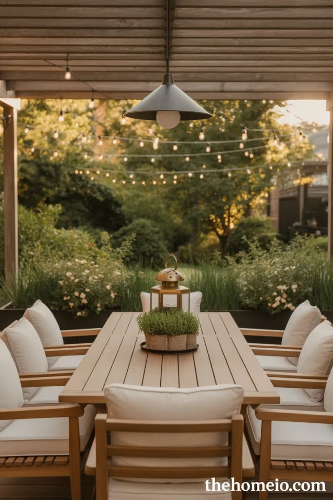 backyard outdoor dining area with teak table cushioned chairs lantern centerpiece and outdoor pendant light overhead