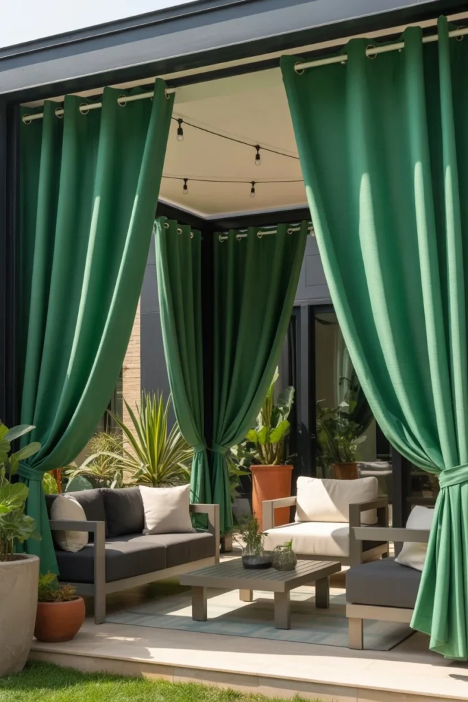 Patio with deep navy or emerald green curtains, modern outdoor furniture with neutral colors, soft lighting, plants adding color contrast, elegant and stylish outdoor space, full patio overview, realistic