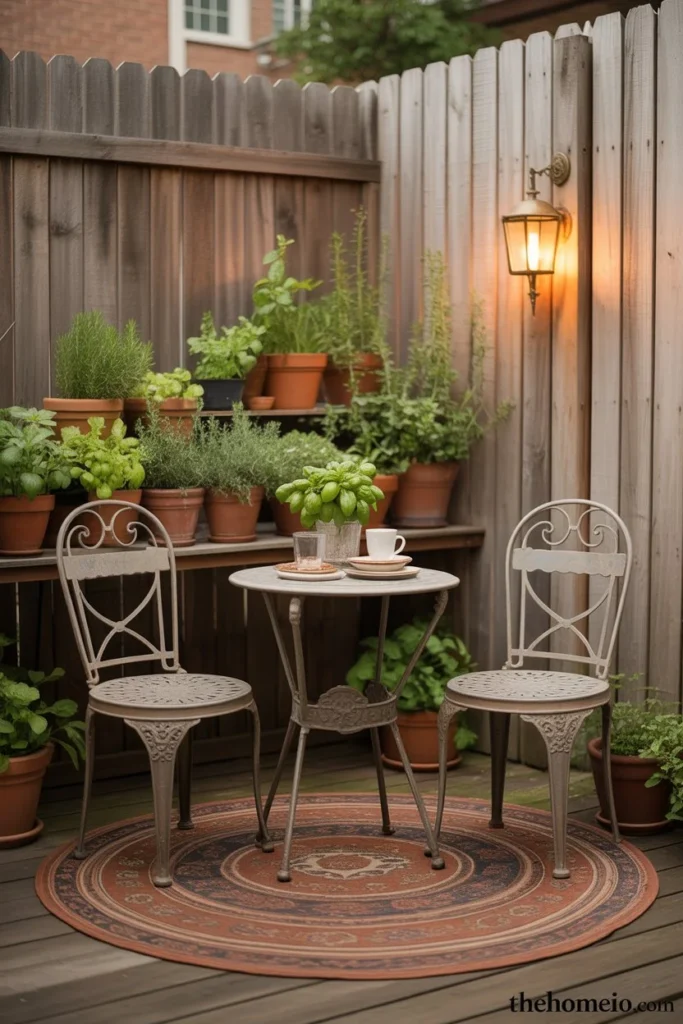 Cozy patio corner with small round terracotta outdoor rug bistro table two chairs and potted herb garden