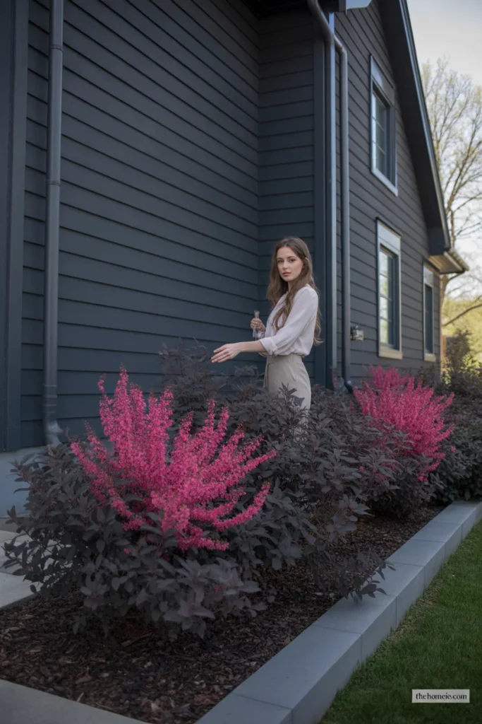 Drift Rose shrubs blooming in coral and pink along front house foundation in full sun