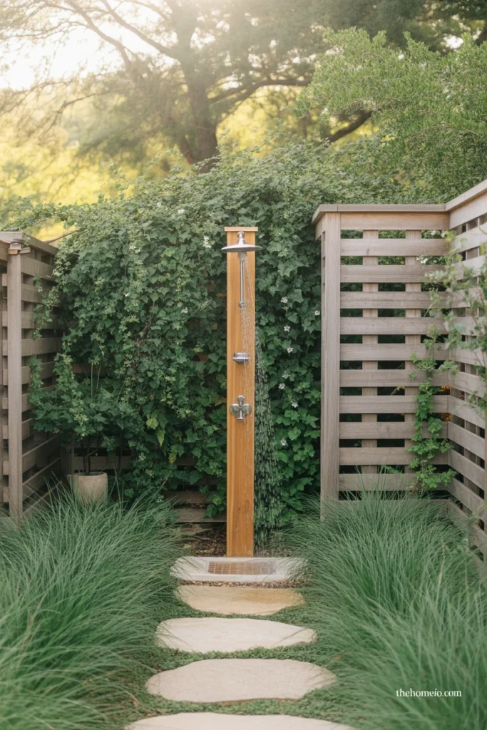 Rustic American backyard outdoor shower surrounded by star jasmine on lattice privacy screen and tall ornamental grasses with stone pathway