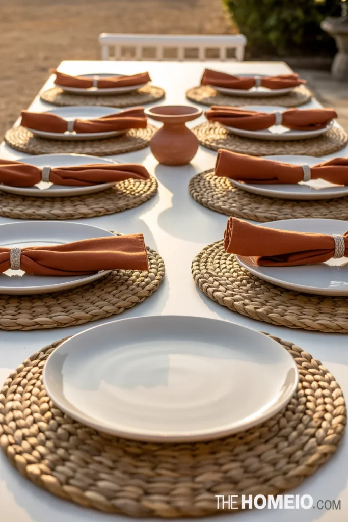 patio dining table with seagrass placemats rust linen napkins white ceramic dishware and terracotta candle centerpiece