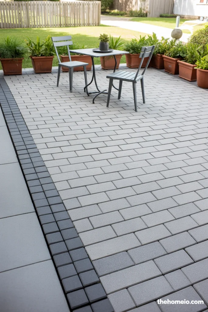 Clean budget backyard patio with affordable gray concrete pavers running bond pattern black steel edging and bistro table