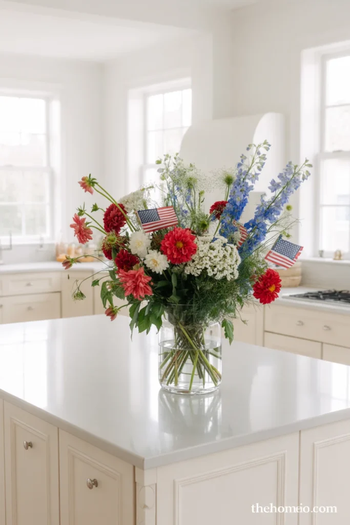 home kitchen island with loose garden-style patriotic floral arrangement of red Dahlias white Queen Anne's Lace and blue Delphinium