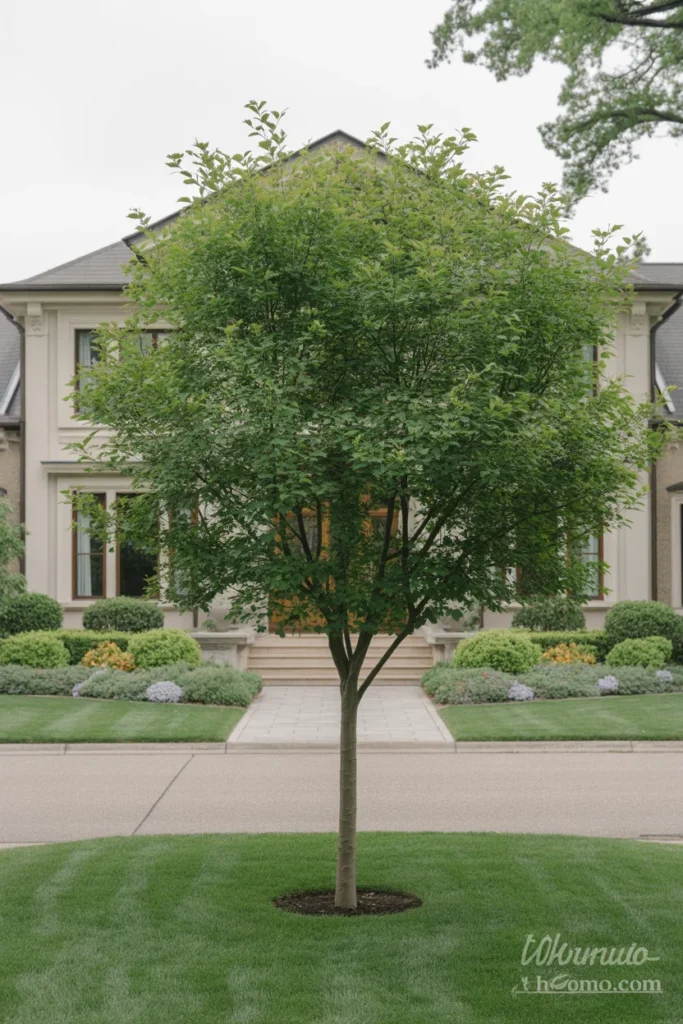 Front yard with an upright Chinese tree lilac planted away from the driveway