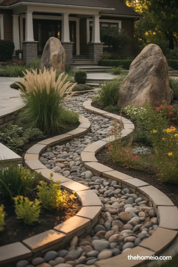 Front yard landscape with decorative river stone dry creek bed fieldstone edging and ornamental boulders