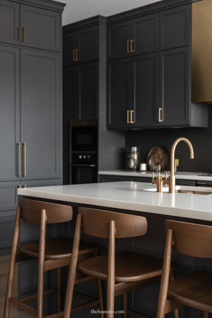 Kitchen with charcoal gray cabinets, white counters, and warm wood stools
