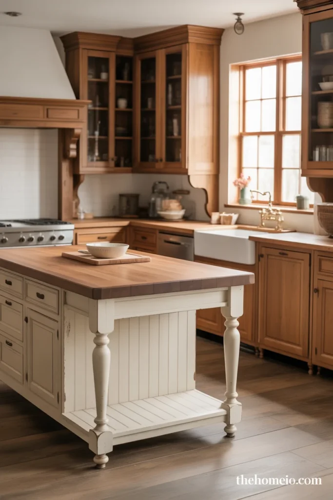 Rustic farmhouse kitchen with a furniture-style island and butcher block top